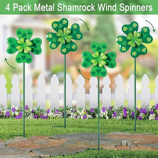Wind Spinners Outdoor,4 Pack Shamrock Garden Stakes for Outside,Saint Patrick's Day Decorations,Metal Wind Spinner Yard Art for Patio,Lawn