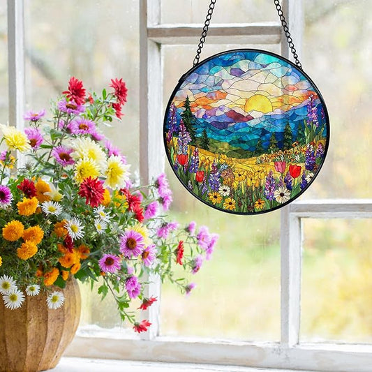 Spring Wildflower Landscape Suncatchers Stained Glass Window Hanging, Cottagecore Flower Sun Catchers Indoor Window Glass Round Wall Decor, Floral Wall Hanging Decorations, 7.9x7.9in