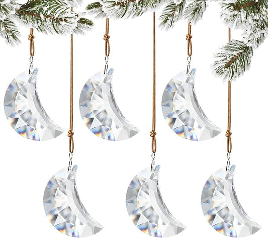Set of 6 Crystal Glass Hanging Ornaments Clear Faceted Crystal Moon Prisms Ornaments for Window Home Car Wedding Party Decor