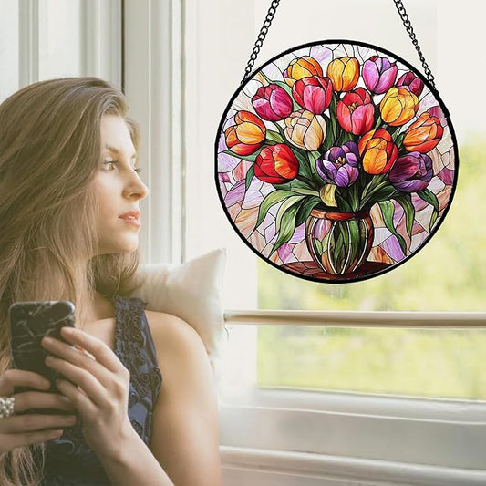 Stained Glass Window Hanging - Red Orange Purple Tulips Suncatcher for Door Terrace Garden Home Decor Flowers Sun Catcher Birthday Gifts for Lovers Women Men Dad Mom Nana 7.8 in