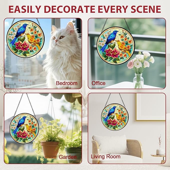 Hummingbird Stained Glass Window Hanging, Suncatcher Diamond Glass Panel Hangings, Sun Catchers Indoor Windows Wall Art, Gift for Mom Grandma Bird Lover, Christmas Decor for Home Office 7.87 inches