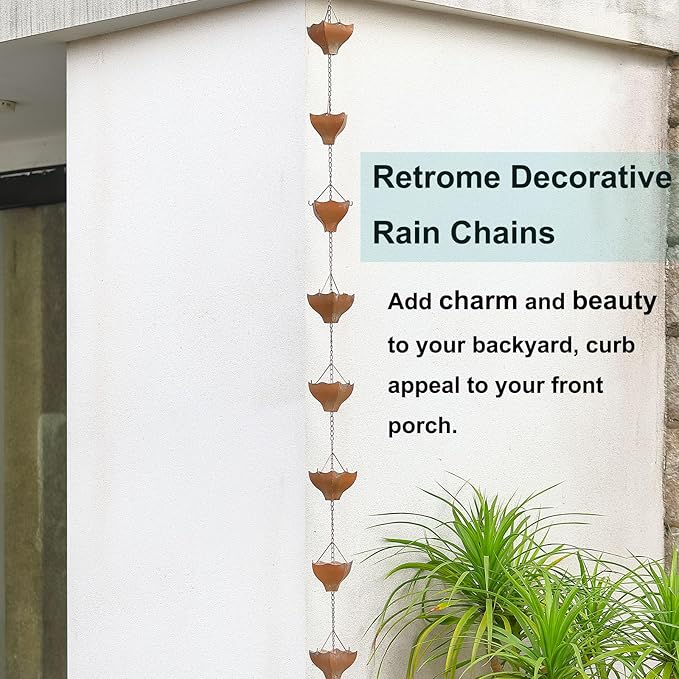 8.5 Feet Metal Rain Chain - Replacement for Gutter Downspouts - Rain Catcher for Outside - Verdigris Finish