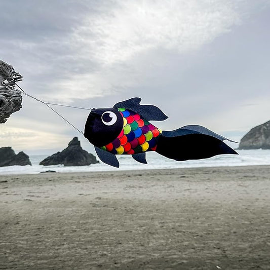 In the Breeze 5224 — 15-inch Black & Rainbow Damsel Fish — Colorful Fishsock Hanging Garden Decor with Detailed Printed Graphics