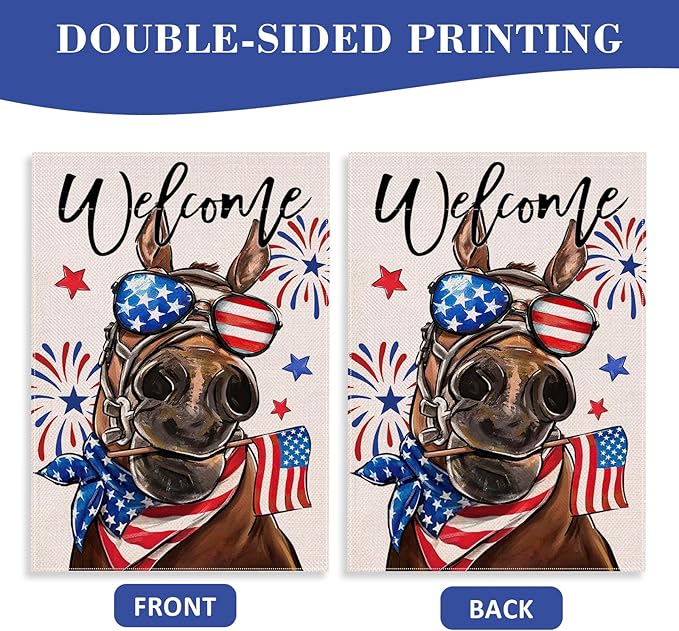 Welcome 4th of July Donkey Patriotic Decorative Flag, America Stars Stripes Firework Garden Yard Outside Decorations, American USA Outdoor Large Home Decor Double Sided 28 x 40