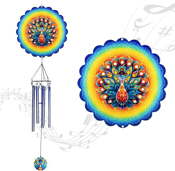 Peacock Wind Chimes for Outside,Birthday Gifts for Mom Grandma Wife,Peacock Wind Chimes with 3D Wind Spinners,Outdoor Decor for Garden Yard Porch
