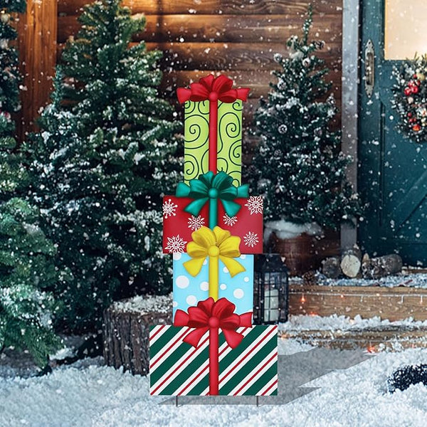WONDER GARDEN 4PCS Box Sign, Metal Box Yard Stakes, Stacked or Detachable Garden Stakes Yard Signs, Outdoor Christmas Decorations for Lawn Party Outside