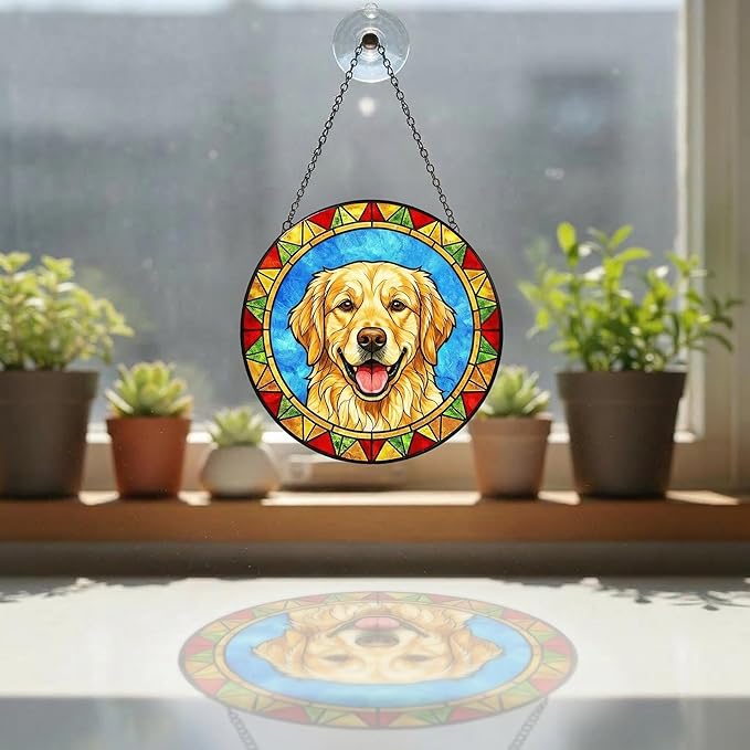 Stained Glass Dog Memorial Suncatcher,Golden Retriever Window Hanging,Sympathy Gifts for Pet Loss,7.9 inch/20 cm Home and Garden Decor for Dog Lovers