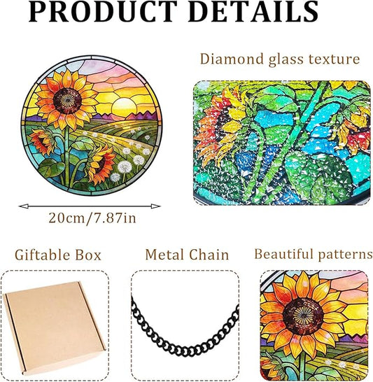 Sunflower Hanging Stained Glass for Windows, Sunflower Sun Catchers Indoor Window Glass Summer Floral Wall Art Hanging Decorations Mother's Day, Valentine's Day Ornaments Festival Gift 7.87"