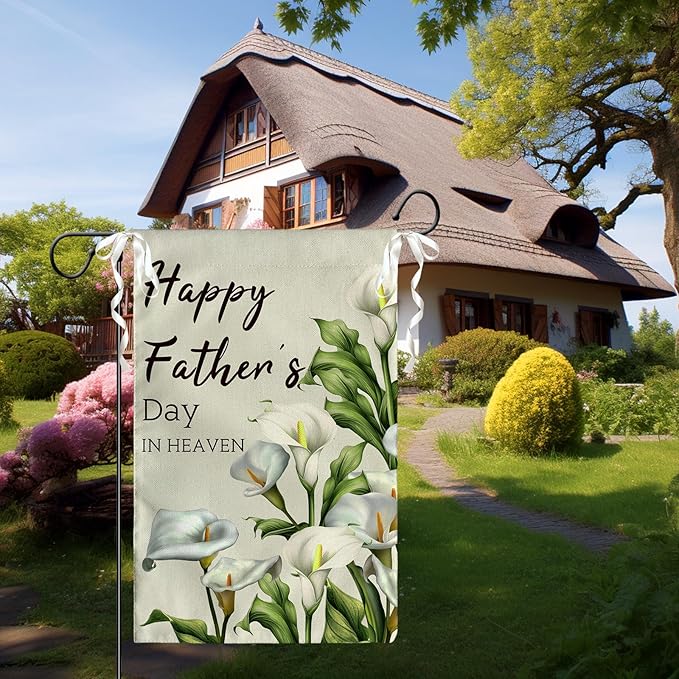 Happy Fathers Day in Heaven Garden Flag Calla Lily Floral Burlap Yard Flags Family Dad Daddy Remembrance House Banner Grave Cemetery Garden Flags for Outdoor Decorations 12 X 18 Inches