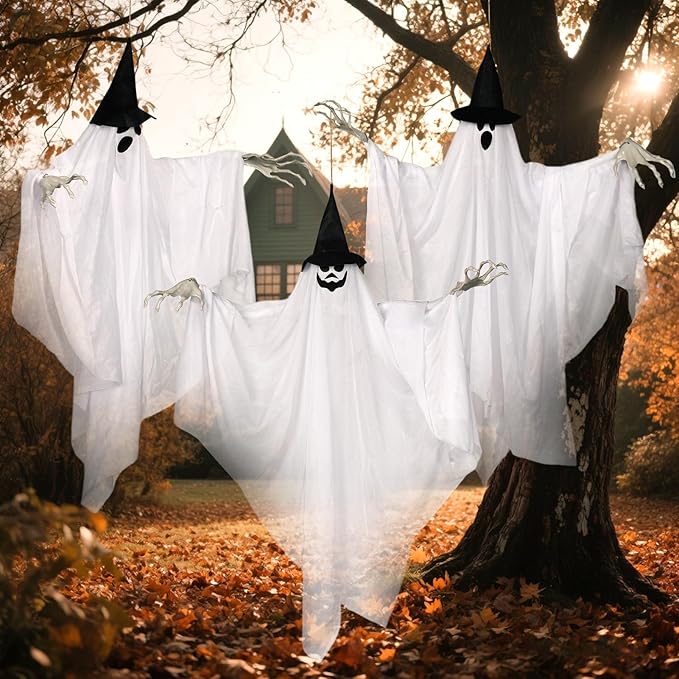 EASY JOY 3PCS Halloween Decorations Outdoor Hanging Ghost Decor with Lights Spooky Halloween Ornaments Ghosts Decorations for Front Porch Yard Tree