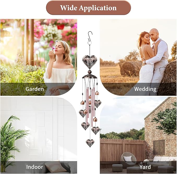 Outdoor Heart-Shaped Wind Chimes, Romantic Valentine's Day Decor with 4 Heart Pendants and Bells, Valentines Day Gifts, Decorative Copper Windchimes, Birthday Gifts for Her, Mom, Grandma