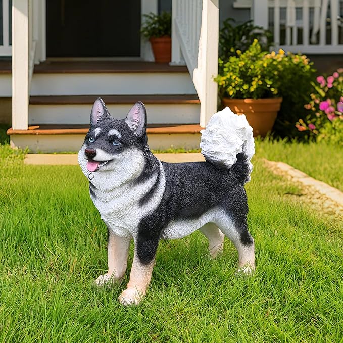 Solar Akita Garden Statue with Lantern & Double-Sided Sign - Outdoor Dog Decor for Yard, Patio, Porch - Resilient Resin Puppy Sculpture, Auto On/Off Solar Path Lights - Dog Memorial Gift