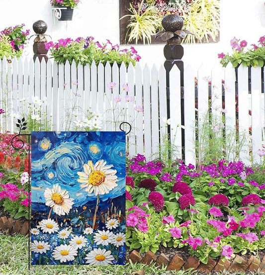 Spring Summer Garden Flag 12x18 Inch Double Sided Starry Night Daisy Flowers Small Burlap Yard Flag Seasonal Farmhouse Outdoor Outside Decoration