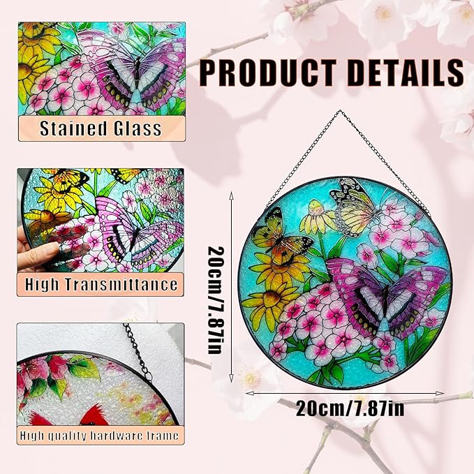 7.87" Sun Catchers Indoor Window,Butterfly Stained Glass Window Hanging, Window Suncatcher Hanging Ornaments Wall Art, Hand-Painted Glass Panel Home Decor (Butterfly A)