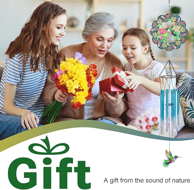 Hummingbird Wind Chimes for Outside, 3D Wind Chimes with Wind Spinner, Outdoors Hanging Decor for Garden, Patio and Balcony, Gifts for Men, Women, Mom, Lovers