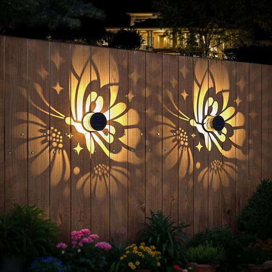 Hapjoy Solar Fence Lights 4 Pack Solar Deck Lamps Outdoor Decorations Powered Step Lights Wall Waterproof LED Warm Decorative Lighting for Garden (Butterfly-Flower, 4)
