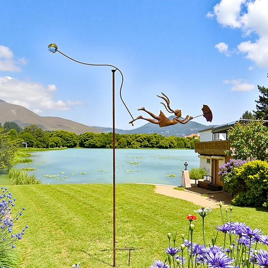 Metal Balanced Garden Decorative Stakes 67.5" High, Rusty Funny Iron Balancing Yard Art, Beach Decor Balancer Stake, Girl Holds Umbrella, Present to Mother Woman as Lawn Court Patio Outside Art