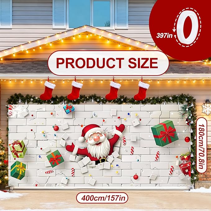6 x 13 ft Christmas Garage Door Decorations Merry Christmas decorations Xmas Garage Door Cover, Happy New Year Hanging Banner for Home,Outdoor,Indoor,Party (White wall, 6 x 13 ft)