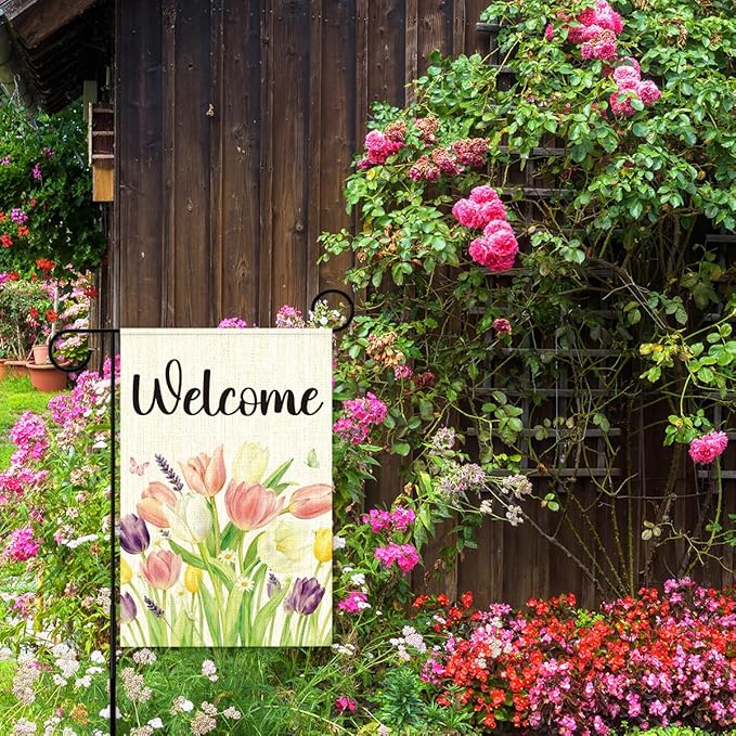 Spring Tulip Welcome Garden Flags for Outside,Welcome Spring Yard Flag for Lawn Porch Outdoor Spring Theme Decorations 12x18 Inch Double Sided
