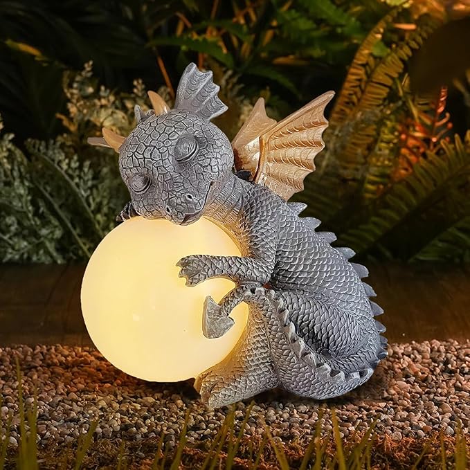 Teaeeno Solar Garden Outdoor Statue Dragon Holding Magic Orb with Solar LED Lights,Garden Dragon Figurines with LED Lights,Lawn Decor Outdoor Statue for Patio, Balcony,Yard Ornament,Yard Art Decor