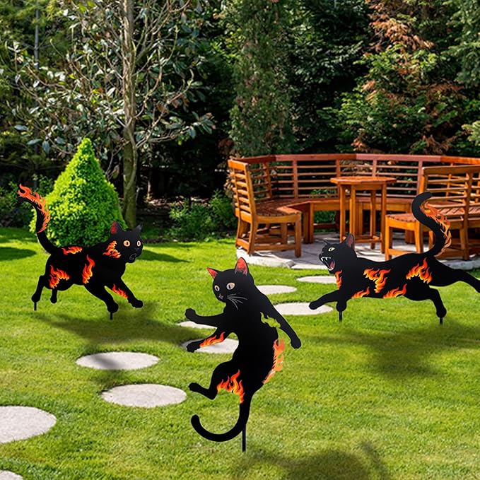 3 Pack Metal Black Cat Statues with Flame Design -Black Cat Decor Yard Signs with Stakes, Rustproof Halloween Yard Decor, Outdoor Garden Stakes for Haunted House, Lawn, and Everyday Decor (3)
