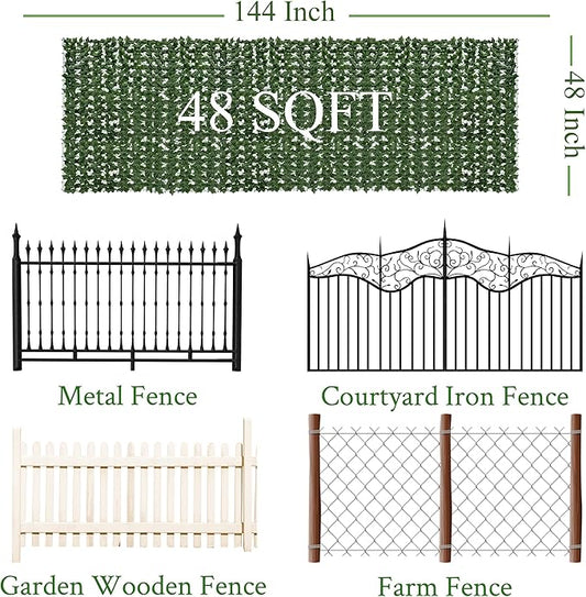 Artificial Ivy Privacy Fence Screen: 48"x 144" (48 Sqft) Anti-Ultraviolet Artificial Hedge Grass Wall, Used for Indoor and Outdoor Green Background, Garden Greening Decoration