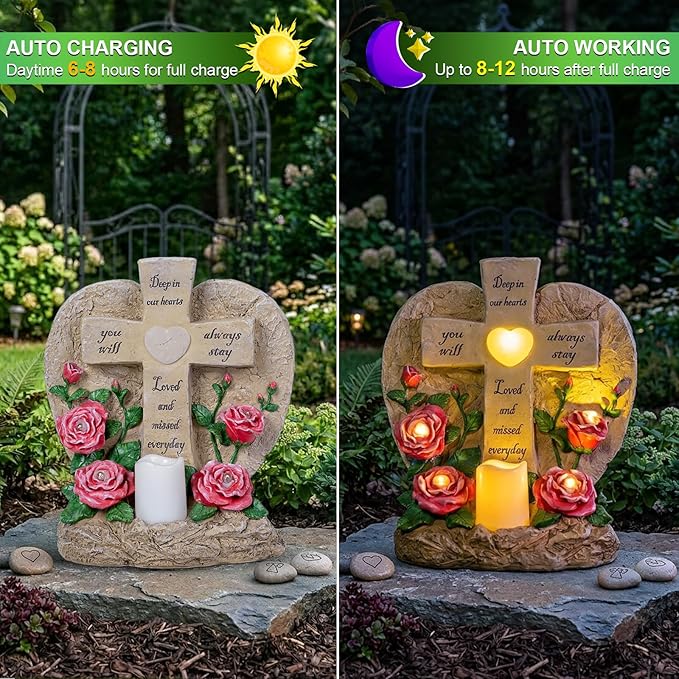 MXwcy Memorial Garden Stone Cross with LED Lights - Sympathy Gift, Bereavement & Remembrance for Loss of Loved One, Outdoor Indoor Grave Marker Decoration, Weatherproof Resin Heart Rose Design
