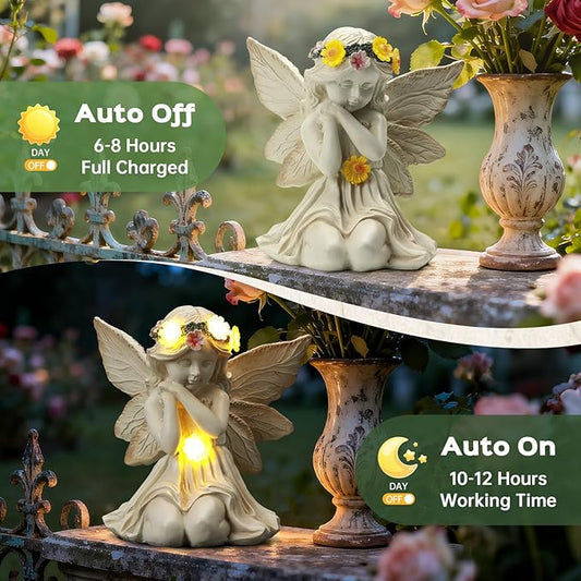 Solar Angel Garden Statue Outdoor Decor, Angel Figurines with Garland Flower Light, Cemetery Decoration for Grave, Yard, Patio, Balcony, House Warming Birthday Gifts for Women, Mom, Grandma