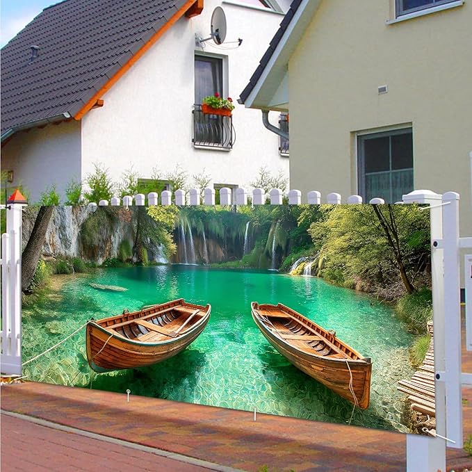 13x6 ft Serene Canoe Lake Garage Door Banner - Calm Forest Reflection Backdrop, Hanging Garage Decorations - for Fall Thanksgiving Family Gathering Background, Rustic Outdoor Wall Sign
