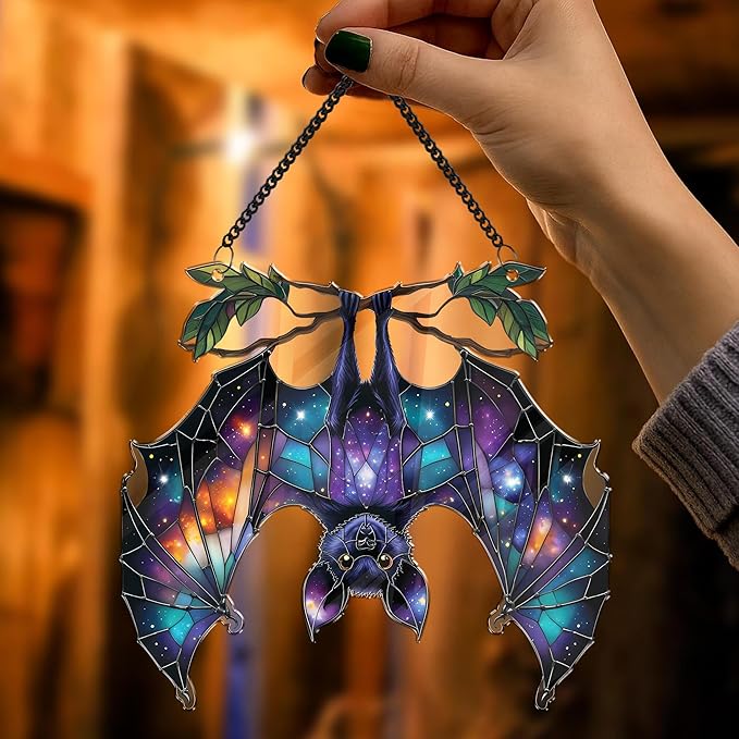 2 Halloween Decorations Bat Raven Acrylic Suncatchers, 6" Window Hanging Bat Gothic Decor, Spooky Raven Halloween Ornament Gifts, Idea Gifts Holiday Keepsake, Scary Home Indoor Outdoor Display SS344