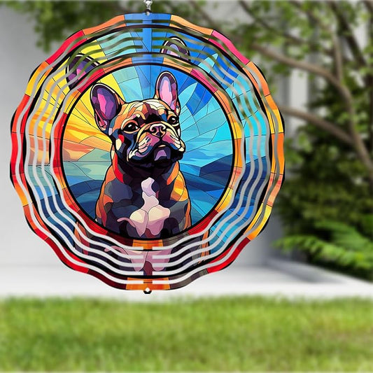 French Bulldog Wind Spinner Pet Dog Memorial Gifts, Vibrant 3D Kinetic Metal Hanging Outdoor Garden Decor, Frenchie Gifts for Dog Lovers, 8" Wind Sculptures for Patio, Porch, Yard Art (Frenchie 7)