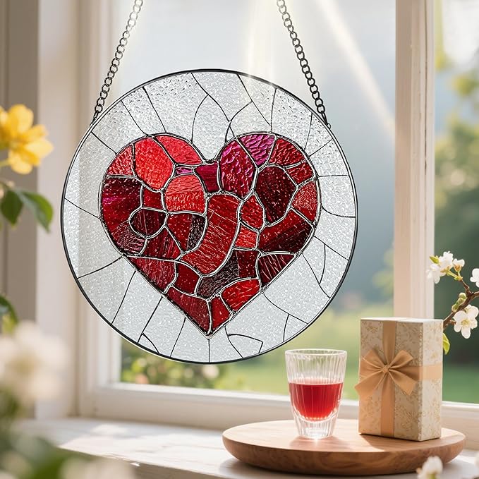 Stained Glass Window Hanging - 8 in Heart Suncatcher - Romantic Decor Love Gift - Gifts for Valentine's Day, Mother's Day, Christmas, Anniversary, Birthday - Gifts for Girlfriend, Couple, Wife, Her