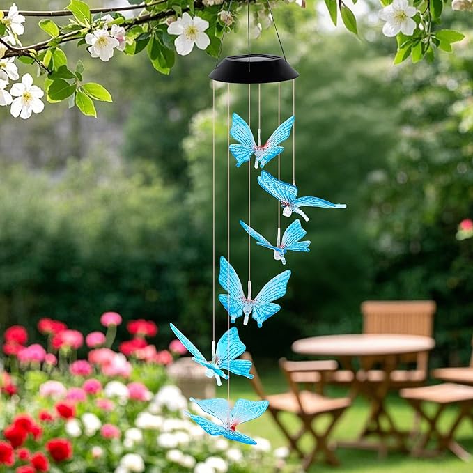 Solar Wind Chimes for Outside, Butterfly Wind Chimes, Color Changing LED Mobile Wind Chime, Solar Butterfly Lights for Outdoor Porch Deck Garden Patio Decor, Blue