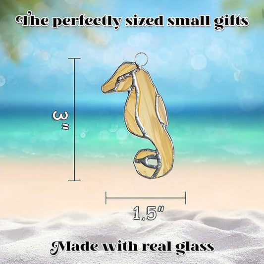 Stained Glass Ornament Seahorse Decor 3.5" x 1.5" Tan Suncatcher for Window Hangings Sea Glass Ocean Animal Tiffany Figurines Sun Catcher Garden - Beach Themed Office Home Decor