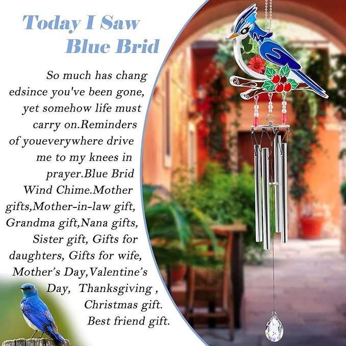 KY&BOSAM Blue Bird Wind Chime with Crystal Sympathy Wind Spinner Memorial Wind Chimes for Loss of Loved One Bereavement Gift in Memory Memorial Gifts for Loss of Mother Father Husband Condolences Gift