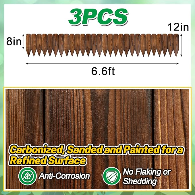 Rustic Pine Wood Garden Fence - 19.8ft Total Length (3pcs 6.6ft L*12in H) Easy to Install Sturdy Wooden Landscape Edging Border, No Fading Planter Fencing for Yard Flower Bed Lawns Pathway Tree