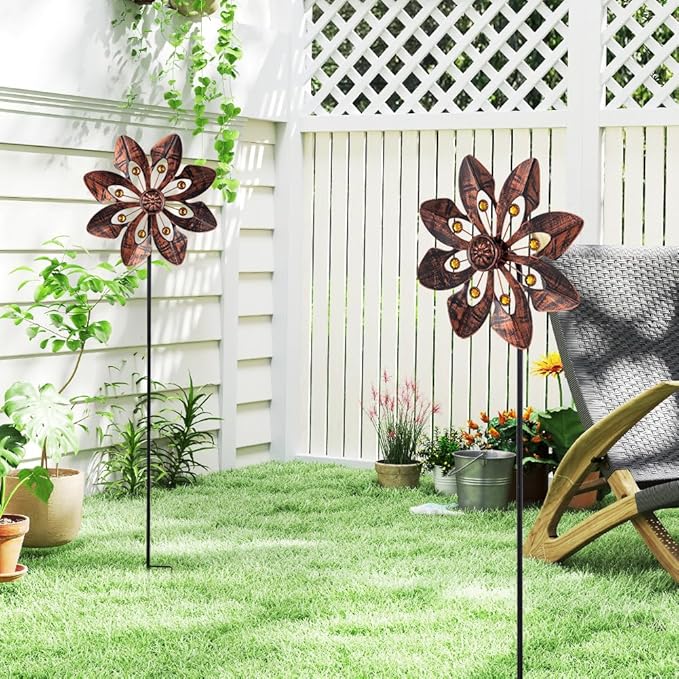 VEWOGARDEN 2 Pack Wind Spinners Outdoor, Metal Wind Spinner with Flower Design for Yard Garden Lawn Decorations, Antique Bronze