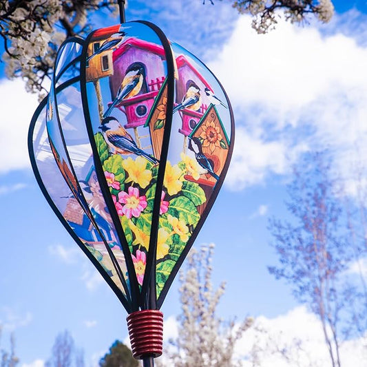 In the Breeze Chickadee Birdhouse 6-Panel Kinetic Hot Air Balloon Wind Spinner,12" W x 42" H x 12" D,1053