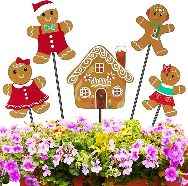 Roowest 5 Pack 12'' H Metal Christmas Yard Stakes Outdoor Decorations Gingerbread Man House Garden Signs Christmas Potted Plant Stakes for Holiday Winter Home Lawn Garden Porch Walkway Party Decor