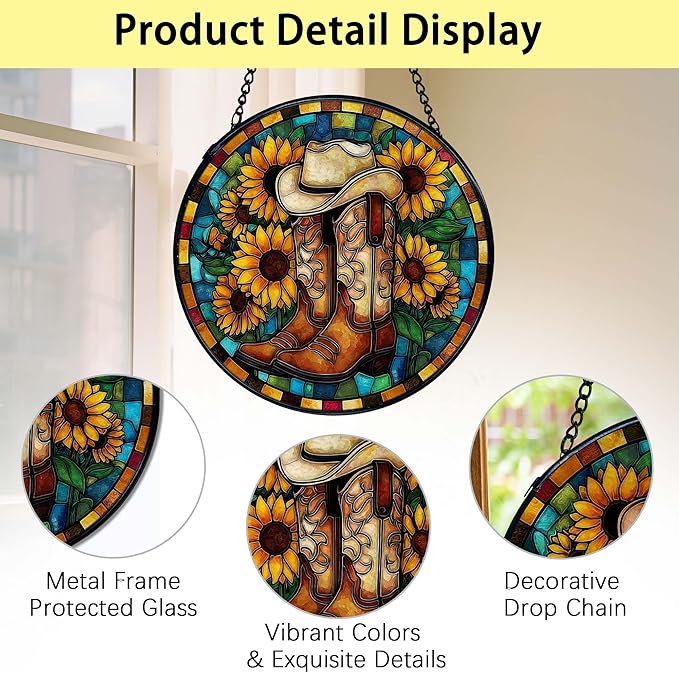 TNUW Western Sunflower Stained Glass Window Hanging, Country Western Cowboy Cowgirl Boots Suncatchers Indoor Window Glass Round Wall Art Decor, Southwestern Wall Hanging Decorations, 7.9"x7.9"