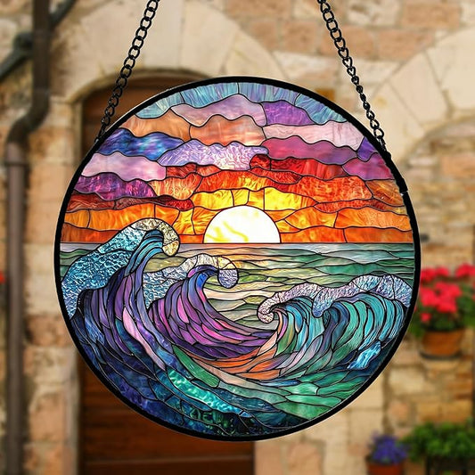 DASTOLL Stained Glass Window Hanging, Clouds and Sea Waves Suncatcher Diamond Glass Panel Hangings Scenery Sun Catchers Decor for Birthday for Women, Men, Wife, Aunt, and Mom 11.8 in