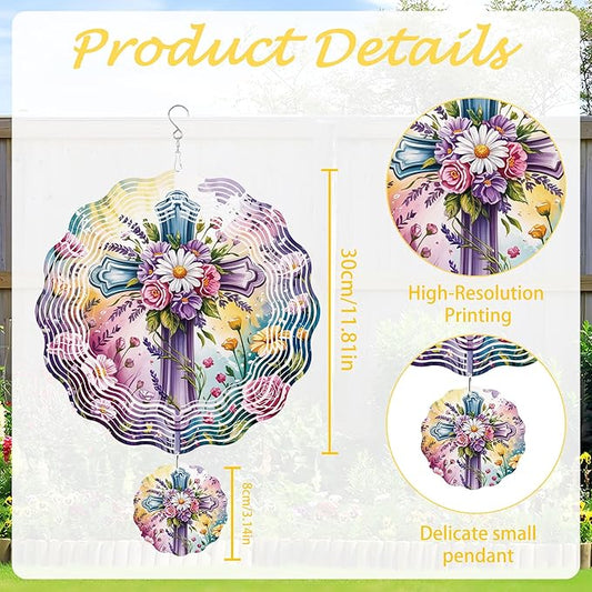 Wind Spinner Hanging Outdoor Decor, 12 Inch 3D Spring Floral Cross Metal Kinetic Wind Spinners for Garden Yard Patio, Stainless Steel Laser Cut Art Christian Gifts for Women Easter Decorations
