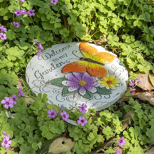 Garden Stepping Stones Outdoor Butterfly Step Stones for Walkway Gardening Gifts Welcome to My Garden Decorative Round Concrete Stones for Yard Outside Stone
