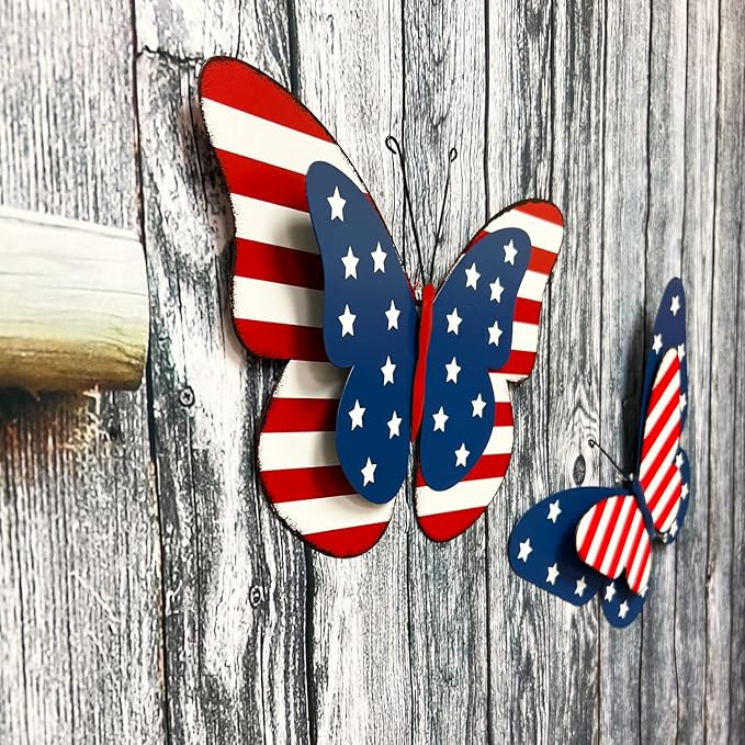 SAGUZOU Rustic Hanging Metal American Flag Patriotic Butterfly Wall Door Yard Fence Signs 4th of July White Blue Red Independence Day Memorial Day Decor Indoor Outdoor Decorations