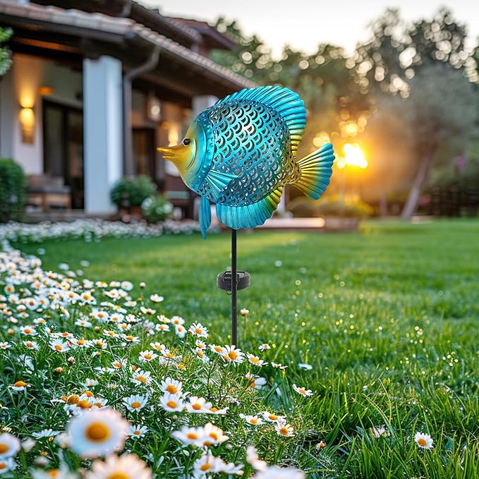 HONGLAND Solar Pathway Lights, Outdoor Solar Powered Garden Lights with Warm Yellow LED, Metal Fish Design Stake for Lawn, Yard, Patio and Landscape Decoration (Waterproof)