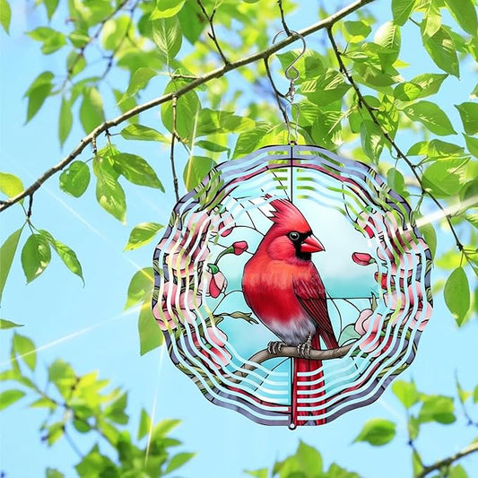 3D Cardinal Wind Spinner 3D Bird Spinners with Flower for Yard and Garden 3D Stainless Steel Cardinal Spinner with Unique Visual Effect Perfect Garden Decoration and Gift 10Inch