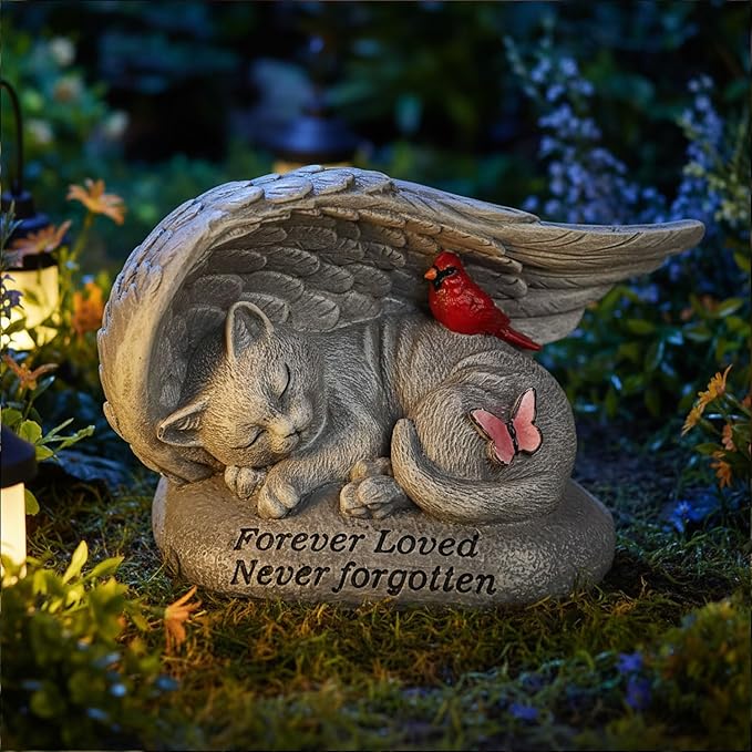 Cat Memorial Stones with Angel Wing Kitten Sculpture Sleeping 6 Inch, Pet Grave Markers Resin Pet Loss Sympathy Gift Cat for Outdoor Garden Gravesite Funeral