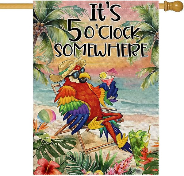 Summer House Flags for Outdoor Decoration, It's 5 O'clock Somewhere Beach Parrot Large Yard Flag, Seasonal Decorative Celebration Decor for Spring Farmhouse Holiday Outside 28x40 Inch Vertical Double Sided