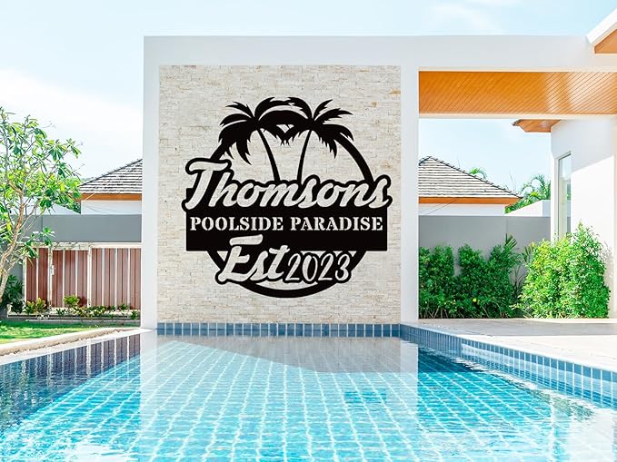 Personalized Pool Metal Name Sign,Custom Poolside Paradise Sign, Palm Tree Name Sign, Last Name Patio Sign,Summer Backyard Patio Sign