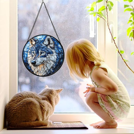 DASTOLL Stained Glass Window Hanging - Funny Wolf Suncatcher Ready to Hang Window Doors Home Decoration and Christmas, Mother's Day Birthday Gifts for Women, Men, and Mom 7.8x7.8 in